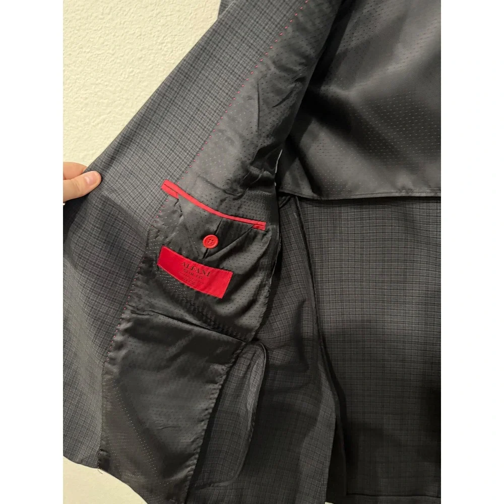 Alfani Mens Slim Fit Suit Jacket Blazer Charcoal Grey Micro Check Two Button